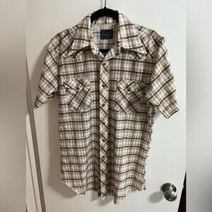 Maverick Shirt Mens Blue Brown Plaid Short Sleeve Western Pearl Snap USA Sz M